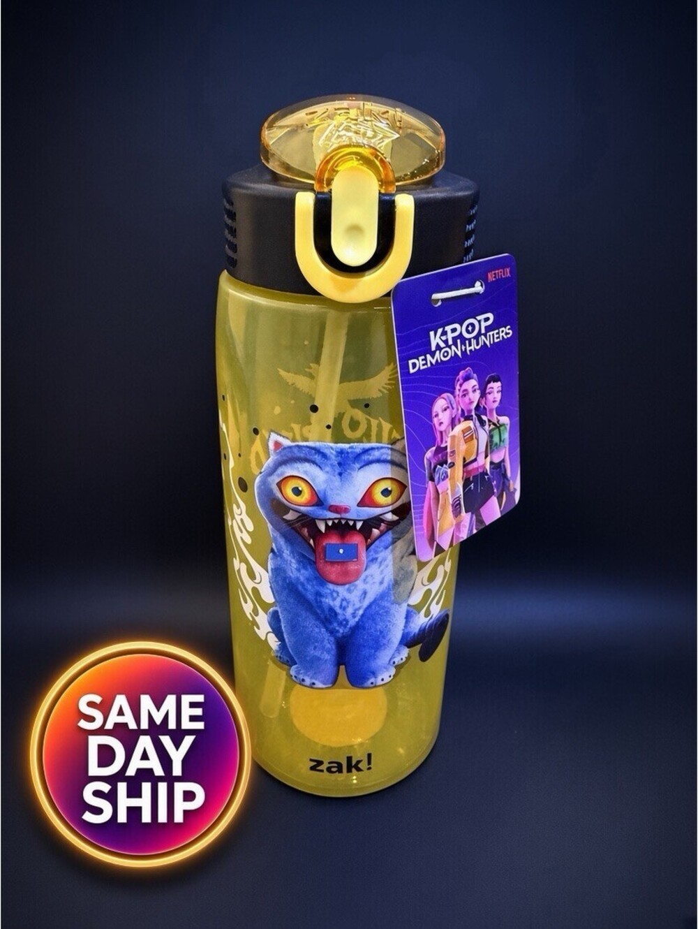 Zak! K-Pop Demon Hunters Derpy 25oz Kids Water Bottle w/ Straw Flip Lid Yellow